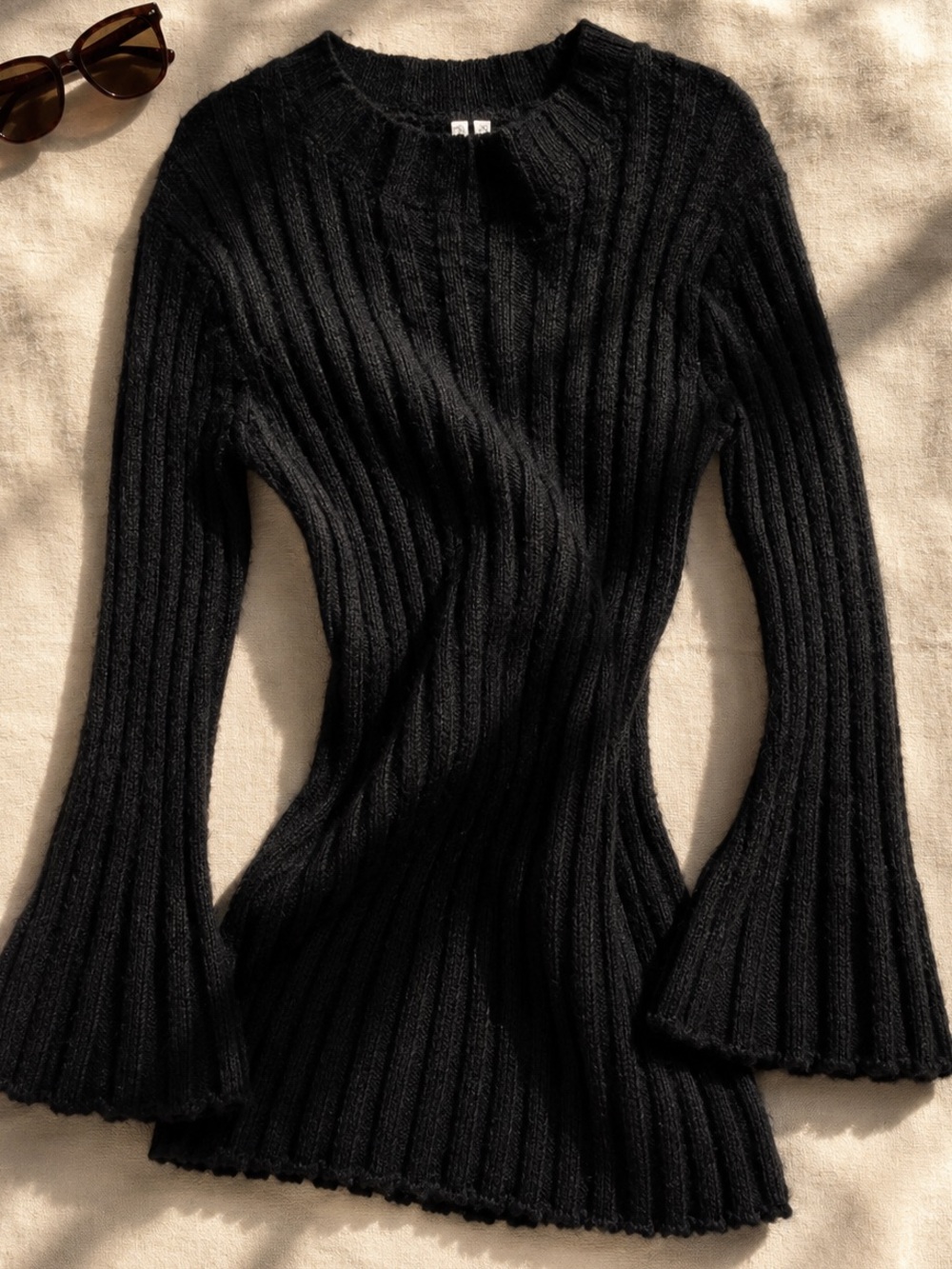 ARKET Ribbed Bouclé Longline Sweater Tunic Bell Sleeve Black M
